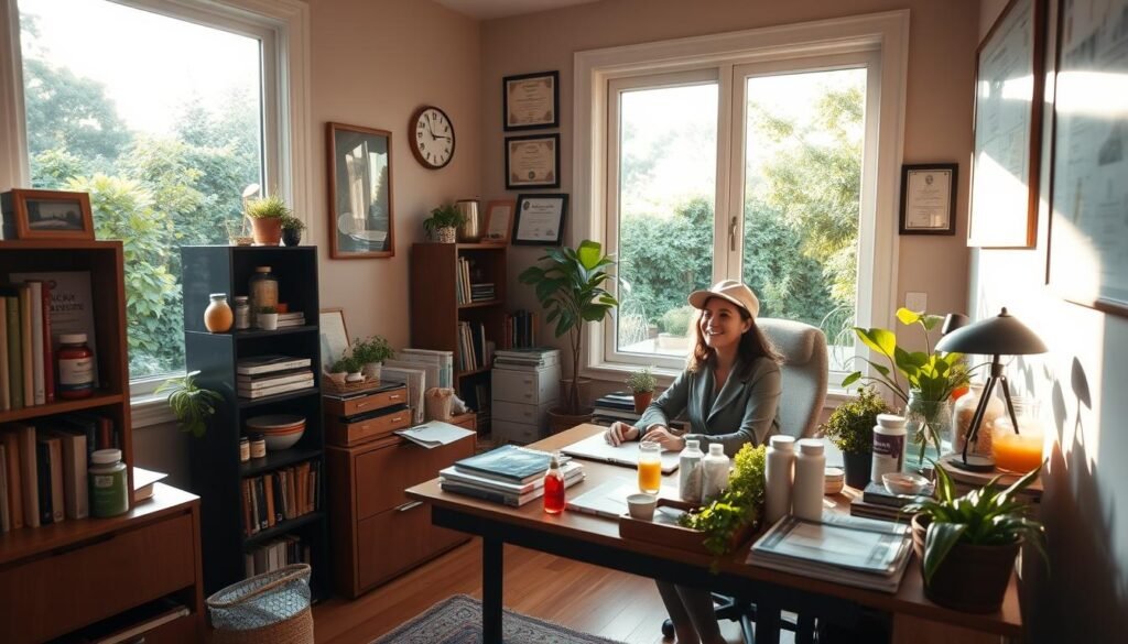 A cozy home office with a desk, bookshelves, and a large window overlooking a lush garden. A nutritionist sits at the desk, surrounded by healthy ingredients, dietary supplements, and reference materials. Warm, natural lighting filters through the window, casting a soft glow on the scene. The walls are adorned with certifications and diplomas, conveying the nutritionist's expertise and credibility. The overall atmosphere is inviting, professional, and conducive to personalized nutrition consultations.