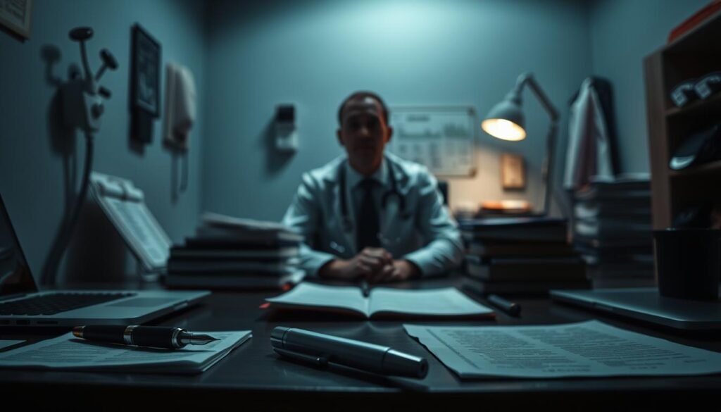 A dimly lit medical office, with a desk in the foreground featuring various writing instruments, including a fountain pen, a stack of papers, and a laptop. In the middle ground, a healthcare professional sits contemplatively, their face partially obscured, surrounded by the tools of their trade - stethoscope, medical reference books, and a medical chart. In the background, shadows of medical equipment and a sense of unease, reflecting the common challenges faced in the field of medical writing - the need for precision, attention to detail, and the weight of responsibility in crafting accurate and impactful content. Soft, moody lighting casts an introspective atmosphere, emphasizing the thoughtful process of navigating the complexities of medical documentation.