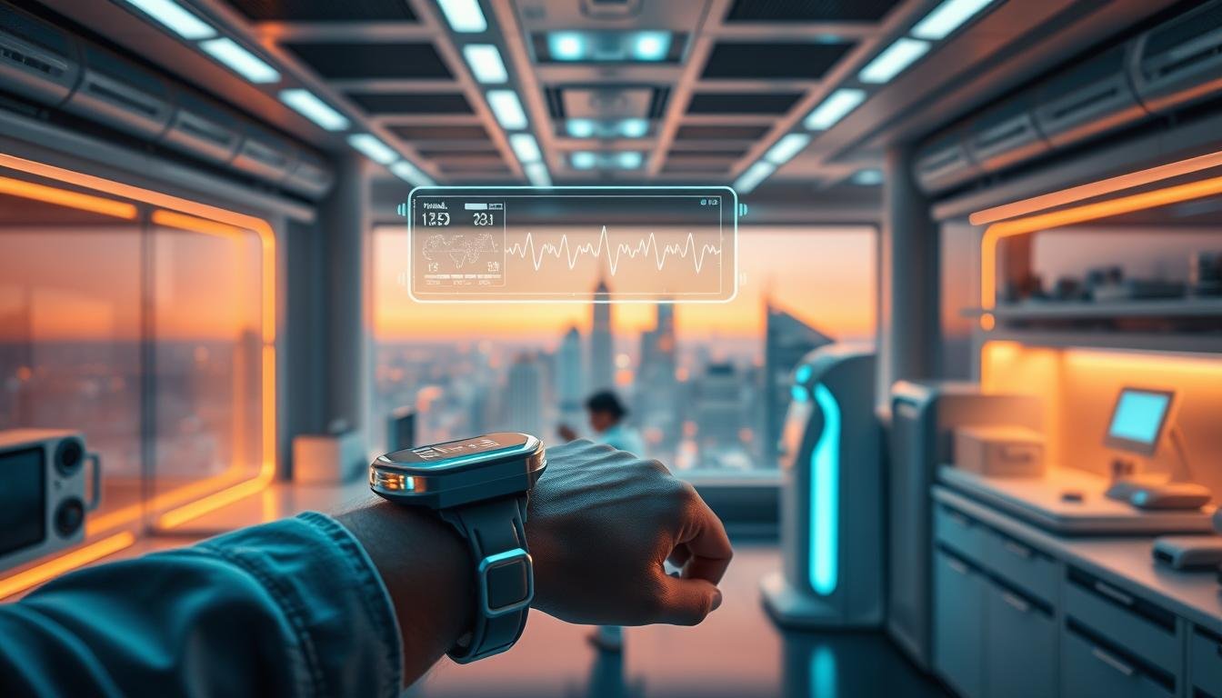 A futuristic medical laboratory bathed in a warm, incandescent glow. In the foreground, a state-of-the-art wearable device with holographic displays hovers above a patient's wrist, monitoring their vital signs in real-time. In the middle ground, sleek, minimalist medical equipment is arranged with precision, ready to perform advanced diagnostic tests. The background reveals a panoramic view of a bustling city skyline, hinting at the integration of this technology into the fabric of everyday life. The scene exudes a sense of wonder, innovation, and the promise of a future where healthcare is seamlessly woven into our daily routines.