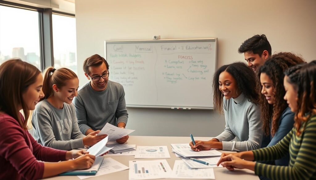 A group of diverse young people engaged in hands-on financial education activities. Foreground shows them studying financial documents, using tablets, and discussing budgeting strategies. Middle ground features a whiteboard with financial concepts and diagrams. Background depicts a modern, well-lit classroom with large windows overlooking a city skyline. Warm, inviting lighting creates a mood of energetic learning and empowerment. The overall scene conveys the importance of starting financial education early to build a strong foundation for future wealth and security.