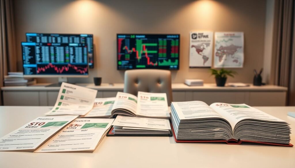 A neatly organized stock portfolio with a diverse range of dividend-paying stocks, displayed on a modern desk with a clean, minimalist aesthetic. The foreground showcases carefully selected stocks representing various industries, with clear labels and financial data shown on crisp, high-resolution digital screens. In the middle ground, a carefully curated array of research materials, including financial reports and investment analysis, creates an atmosphere of informed decision-making. The background features a stylish, professional office environment with muted tones and subtle lighting, conveying a sense of financial stability and long-term wealth-building.