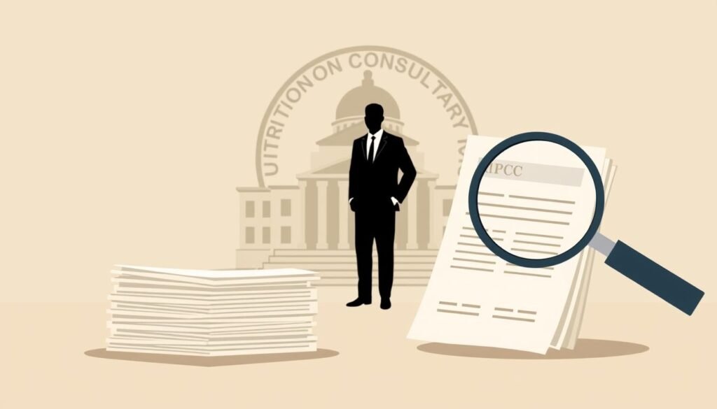 A professional, minimalist illustration depicting the requirements and process of acquiring a nutrition consultant license. In the foreground, a stack of official-looking documents and a magnifying glass examining them, symbolizing the regulatory scrutiny. In the middle ground, a silhouetted figure in a suit, representing the consultant, standing in front of a government building or seal, conveying the official nature of the licensing procedure. The background features a subtle grid or checklist pattern, suggesting the systematic steps involved. Muted, earthy tones with clean lines and a sense of order evoke the seriousness and legitimacy of the subject matter.