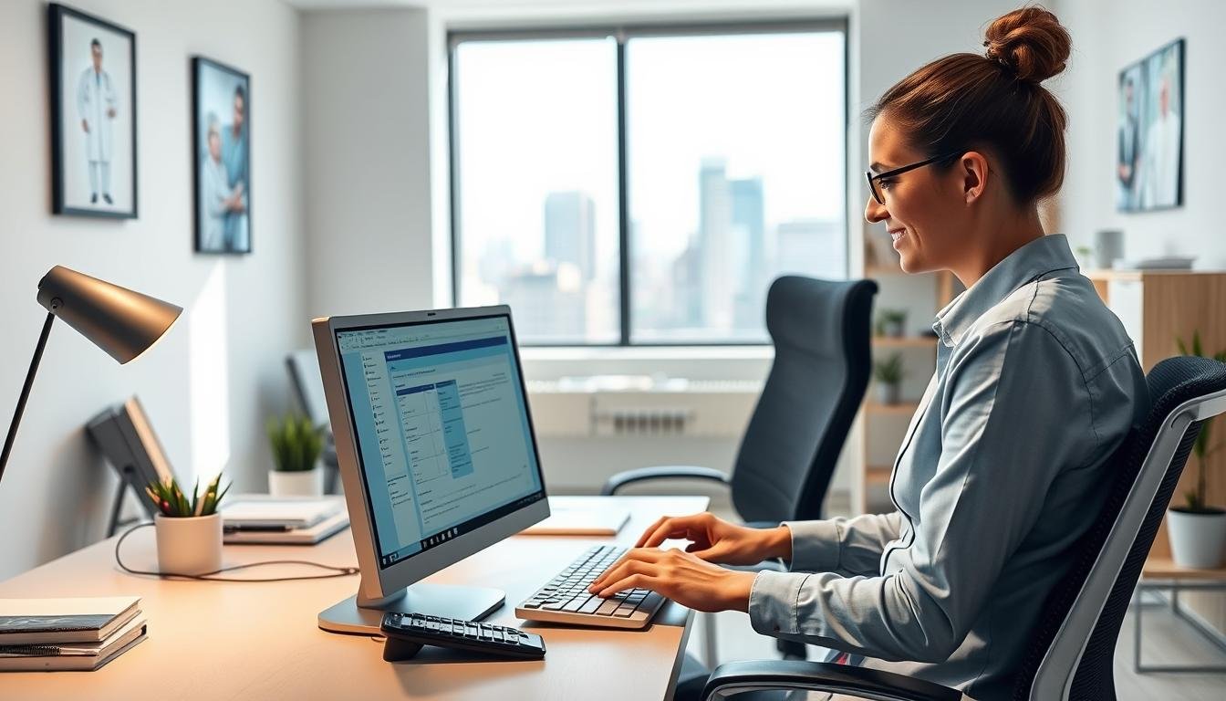A professional, modern office setting with a clean, bright atmosphere. In the foreground, a desktop computer displaying a medical transcription software interface, surrounded by a desk, chair, and office supplies. In the middle ground, a human figure, likely a medical transcriptionist, typing on the keyboard, with a focused expression. The background features medical-themed wall art, bookshelves, and a window overlooking a cityscape. The lighting is soft, even, and natural, creating a calming, productive ambiance. The composition emphasizes the benefits of medical transcription, such as flexible hours, remote work, and the ability to contribute to the healthcare industry.