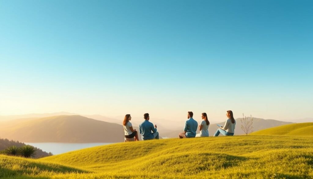 A serene, minimalist scene of passive investment strategies. The foreground features a landscape of gently rolling hills, with lush greenery and a tranquil lake reflecting the blue sky above. In the middle ground, a group of diverse, simplified human figures sit or stand, engaged in relaxed discussion or contemplation. Subtle lighting casts a warm, golden glow, creating a sense of peace and balance. The background fades into a soft, hazy horizon, emphasizing the calming, long-term nature of this investment approach. Overall, the image conveys a sense of harmony, stability, and the patient pursuit of financial growth.