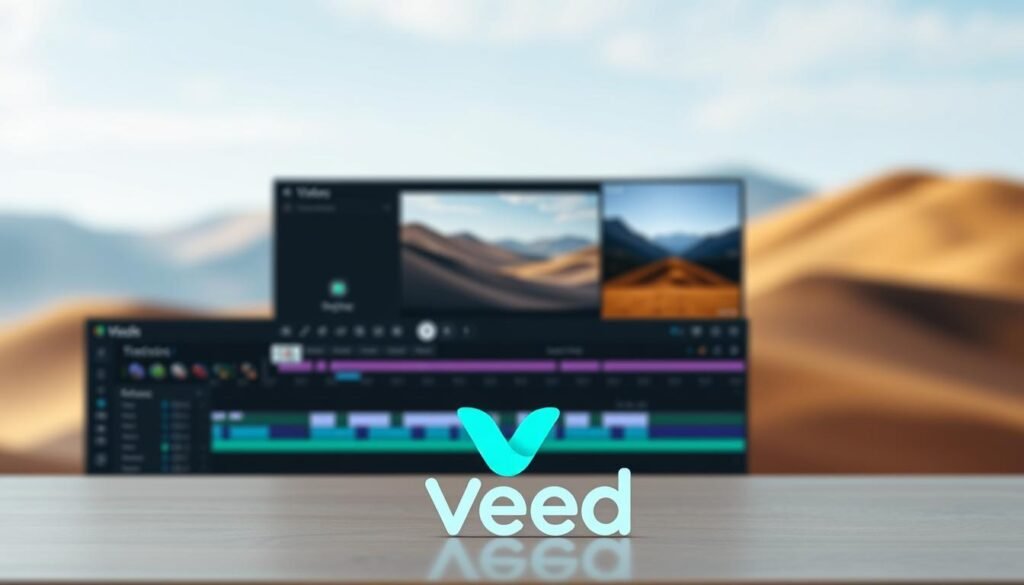 A sleek and modern video editing software with a clean, intuitive interface. The foreground features the Veed logo prominently displayed, with a smooth, minimalist design and a calming blue-green color palette. The middle ground showcases various video editing tools and features, such as timeline, effects, and color grading controls, all neatly arranged and easily accessible. The background depicts a blurred, ethereal landscape, suggesting the seamless integration of technology and creativity. The overall scene conveys a sense of efficiency, simplicity, and the power of AI-driven video editing tools. A sleek and modern video editing software with a clean, intuitive interface. The foreground features the Veed logo prominently displayed, with a smooth, minimalist design and a calming blue-green color palette. The middle ground showcases various video editing tools and features, such as timeline, effects, and color grading controls, all neatly arranged and easily accessible. The background depicts a blurred, ethereal landscape, suggesting the seamless integration of technology and creativity. The overall scene conveys a sense of efficiency, simplicity, and the power of AI-driven video editing tools.