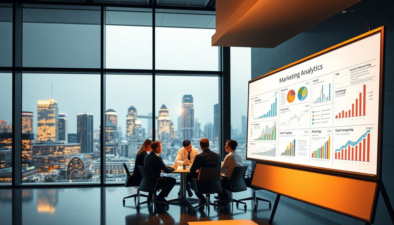 A sleek, modern office interior with an expansive glass wall overlooking a bustling city skyline. In the foreground, a large whiteboard displays colorful graphs, charts, and metrics related to marketing analytics, illuminated by warm, directional lighting. In the middle ground, a team of professionals gathered around a polished conference table, deeply engaged in discussion, their faces softly lit. The background features a minimalist, monochromatic decor, conveying a sense of focus and productivity. The overall atmosphere is one of strategic decision-making, data-driven insights, and the pursuit of marketing excellence.