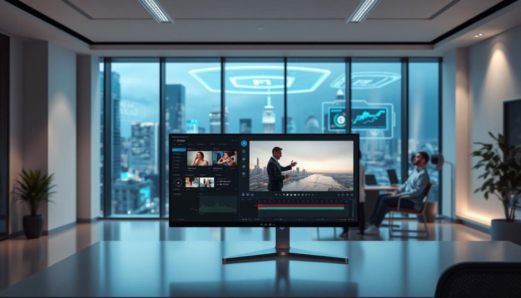 A sleek, modern office interior with floor-to-ceiling windows overlooking a futuristic cityscape. In the foreground, a clean, minimalist workspace with a high-end computer monitor displaying an array of video editing tools and AI-powered features. The middle ground features a team of creative professionals collaborating on a video project, using gesture-based controls and voice commands to seamlessly generate and edit dynamic video content. The background showcases holographic displays and advanced visualization technologies, creating an immersive, cutting-edge atmosphere. Soft, diffused lighting illuminates the scene, lending a sense of sophistication and innovation to the "AI Video Generation" concept. A sleek, modern office interior with floor-to-ceiling windows overlooking a futuristic cityscape. In the foreground, a clean, minimalist workspace with a high-end computer monitor displaying an array of video editing tools and AI-powered features. The middle ground features a team of creative professionals collaborating on a video project, using gesture-based controls and voice commands to seamlessly generate and edit dynamic video content. The background showcases holographic displays and advanced visualization technologies, creating an immersive, cutting-edge atmosphere. Soft, diffused lighting illuminates the scene, lending a sense of sophistication and innovation to the "AI Video Generation" concept.
