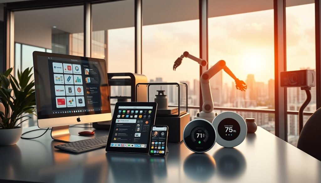 A sleek, modern office setting with a variety of business automation tools prominently displayed. In the foreground, a high-tech desktop computer, tablet, and smartphone are arranged neatly, their screens displaying various productivity and workflow management apps. In the middle ground, a 3D printer, a robotic arm, and an internet-connected thermostat illustrate the integration of smart home and office technologies. The background features a floor-to-ceiling window overlooking a bustling cityscape, bathed in warm, natural lighting that casts a professional, efficient atmosphere. The overall composition conveys the seamless integration of cutting-edge automation tools that streamline and optimize business operations.