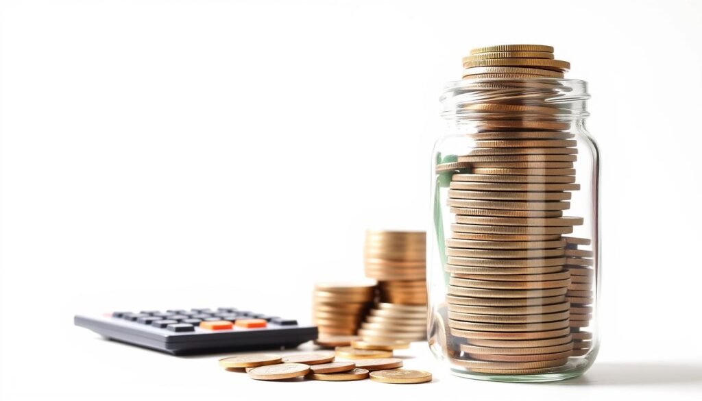 A stack of shiny coins and bills piled high, casting a warm glow against a stark white background. In the foreground, a glass jar filled with an assortment of currency, representing the building blocks of a robust emergency fund. In the middle ground, a calculator and a thoughtful expression, symbolizing the careful planning and consideration needed to accumulate these savings. The background is minimalist, drawing the viewer's attention to the financial security represented by the savings. The lighting is soft and diffused, creating a sense of tranquility and stability. The overall composition conveys the importance of financial preparedness and the peace of mind that comes with having a reliable emergency fund.