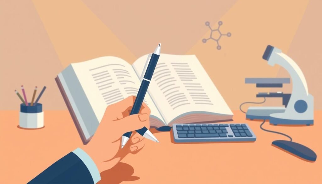 A stylized illustration depicting the core skills and competencies required for medical writing. In the foreground, a steady hand wielding a pen, symbolizing attention to detail and precision. In the middle ground, an open medical textbook and a computer keyboard, representing the dual needs of scientific knowledge and technical writing abilities. In the background, a microscope and a molecule diagram, hinting at the scientific and research-oriented nature of the field. The lighting is warm and soft, creating an atmosphere of professionalism and intellectual rigor. The overall composition conveys the multifaceted skillset necessary for effective medical writing.