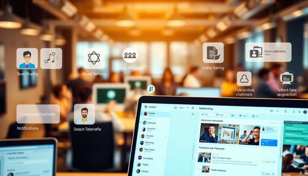 A vibrant and dynamic scene showcasing the key features of the Slack app. In the foreground, various collaboration tools are prominently displayed, such as video conferencing, file sharing, and team messaging. The middle ground features a sleek and intuitive user interface with customizable channels, notifications, and task management options. In the background, a blurred view of a bustling office environment, with teams collaborating seamlessly through the Slack platform. The lighting is warm and inviting, with a soft focus effect that draws the eye to the key app features. The overall mood is one of productivity, efficiency, and cohesive teamwork, reflecting the power and versatility of the Slack application.