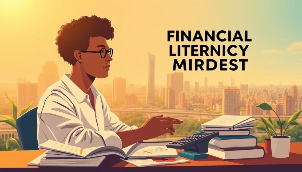 A vibrant and empowering illustration of a person developing a financial literacy mindset. In the foreground, a person sits at a desk, surrounded by books, charts, and a calculator, deeply engaged in studying financial concepts. The middle ground features a cityscape, symbolizing the broader economic landscape they are learning to navigate. The background is bathed in warm, golden light, conveying a sense of optimism and growth. The composition is balanced, with dynamic angles and a sense of movement, highlighting the transformative journey of cultivating financial understanding. The overall mood is one of focus, determination, and a growing confidence in taking control of one's financial future.