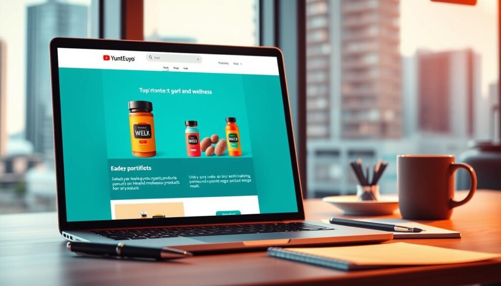 A vibrant and professional email marketing campaign for health and wellness products. In the foreground, a stylish laptop screen displays a sleek, visually-appealing email template with bold product imagery, complementary color palette, and clean typography. In the middle ground, office supplies like a pen, notepad, and coffee mug suggest a productive, focused work environment. The background features a softly blurred cityscape with modern high-rise buildings, hinting at a bustling, urban setting. Warm, directional lighting casts subtle shadows, creating depth and a sense of sophistication. The overall mood is one of efficiency, digital savvy, and a commitment to promoting health-conscious products to an engaged, health-conscious audience.