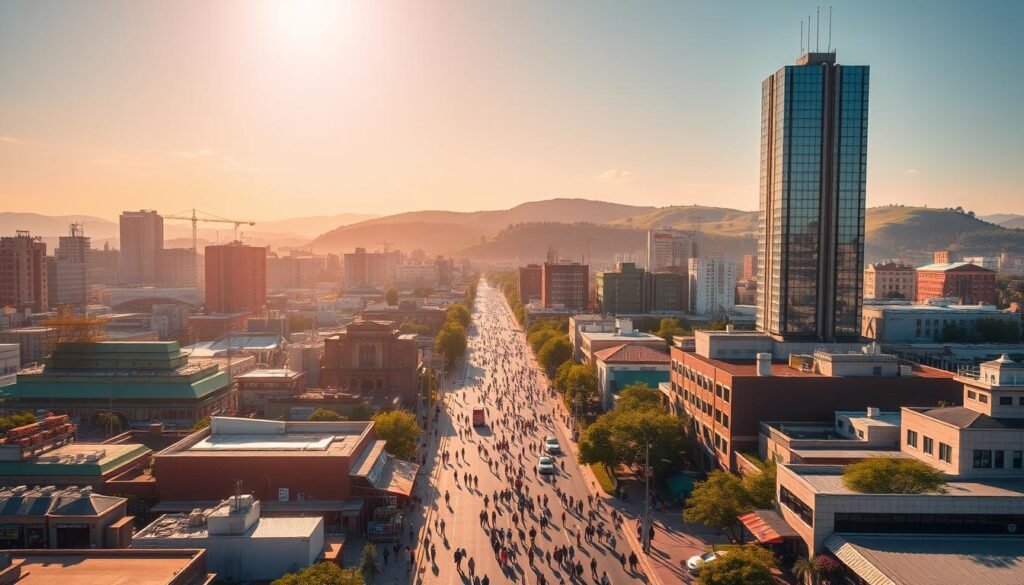 A vibrant cityscape, bathed in a warm, golden glow of economic resilience. In the foreground, a diverse array of thriving businesses - a bustling factory, a gleaming tech hub, and a towering skyscraper symbolizing financial stability. The middle ground features a bustling street lined with pedestrians, each representing a different income stream, from freelancers to entrepreneurs. In the background, a serene, rolling landscape dotted with lush greenery, signifying the sustainable growth and security of a diversified portfolio. The scene is captured through a wide-angle lens, emphasizing the interconnectedness and interdependence of the various elements that contribute to economic resilience. A vibrant cityscape, bathed in a warm, golden glow of economic resilience. In the foreground, a diverse array of thriving businesses - a bustling factory, a gleaming tech hub, and a towering skyscraper symbolizing financial stability. The middle ground features a bustling street lined with pedestrians, each representing a different income stream, from freelancers to entrepreneurs. In the background, a serene, rolling landscape dotted with lush greenery, signifying the sustainable growth and security of a diversified portfolio. The scene is captured through a wide-angle lens, emphasizing the interconnectedness and interdependence of the various elements that contribute to economic resilience.