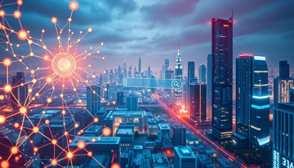 A vibrant, high-tech landscape of AI-powered SEO. In the foreground, an abstract neural network diagram pulsates with data streams and algorithmic patterns. In the middle ground, a sleek, futuristic search engine interface hovers, its algorithms analyzing vast troves of online content. In the background, a cityscape of towering data centers and gleaming skyscrapers, all powered by the latest advancements in artificial intelligence. Bathed in a warm, energetic glow, the scene conveys the power and potential of AI-driven search optimization, a vital tool for modern businesses to thrive in the digital age.