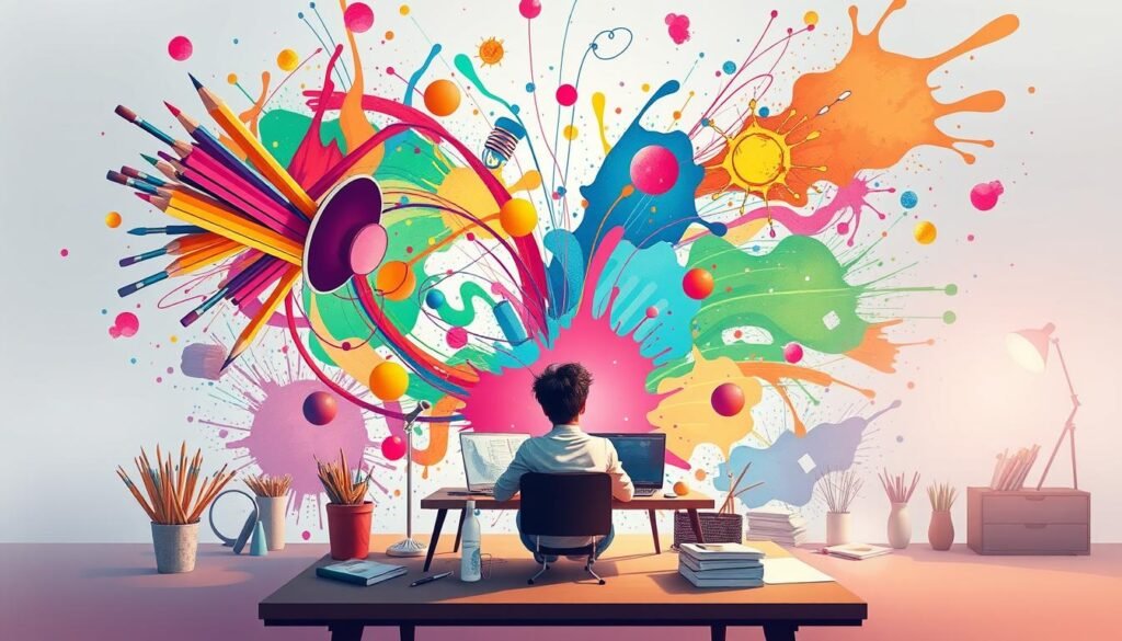 A vibrant, whimsical illustration of the creative process. In the foreground, a person sits at a desk, surrounded by a swirling tornado of colorful pencils, paintbrushes, and ideas. The middle ground features a dynamic, abstract background with bold splashes of color and dynamic shapes, conveying a sense of limitless potential. The lighting is soft and diffused, creating a dreamlike, inspirational atmosphere. The angle is slightly elevated, giving the viewer a bird's-eye perspective on the scene, emphasizing the idea of "boosting" creativity and the expansive nature of the imagination. The overall mood is one of wonder, energy, and the joy of creative expression.