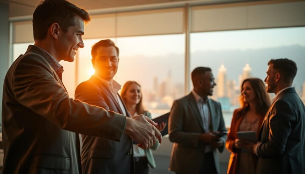 A warm, softly lit scene depicting the power of relationships in shaping one's path to success. In the foreground, a handshake between two individuals, their expressions conveying trust and mutual understanding. In the middle ground, a group of diverse people engaged in animated discussion, ideas and insights being shared. In the background, a cityscape representing the world of business and achievement, glowing with the promise of opportunity. The overall mood is one of collaboration, synergy, and the recognition that no one succeeds alone. Subtle, elegant composition and natural, inviting lighting evoke the notion that meaningful connections are essential to unlocking one's full potential.
