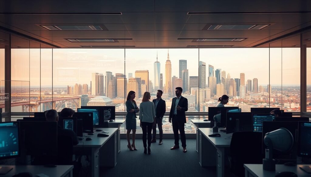A well-equipped office setting with an intuitive AI-powered HR system in the foreground. Sleek workstations, holographic displays, and intelligent virtual assistants aid in streamlining recruitment, onboarding, and employee management tasks. The middle ground features a diverse group of professionals collaborating seamlessly, their faces partially obscured by floating data visualizations. In the background, a panoramic city skyline with gleaming skyscrapers symbolizes the global reach and scale of the modern HR ecosystem. Warm, ambient lighting casts a sense of efficiency and innovation, while subtle visual cues hint at the transformative power of AI in reimagining human resources.