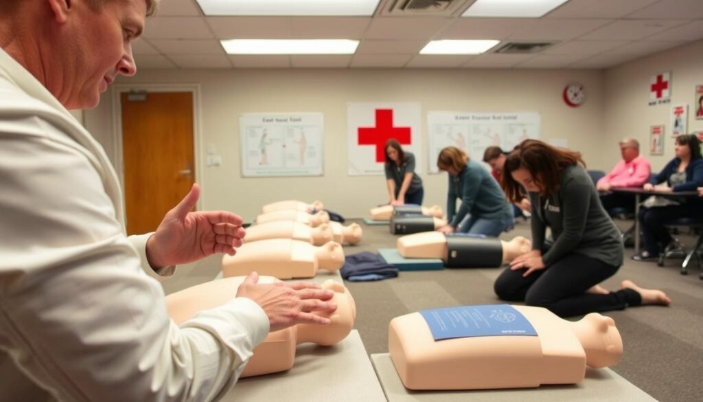 A well-lit classroom with an American Red Cross instructor demonstrating proper CPR techniques on a lifelike training mannequin. The foreground shows the instructor's hands guiding students through chest compressions and rescue breaths, their faces full of focus and determination. In the middle ground, a small group of trainees practice the lifesaving skills on individual mannequins, their movements precise and coordinated. The background features the iconic Red Cross logo and a wall display with illustrated CPR steps. The scene conveys a sense of professionalism, attention to detail, and the critical importance of these vital emergency medical skills.
