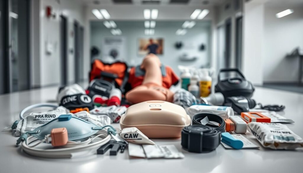 A well-lit, close-up shot of a diverse assortment of CPR equipment laid out on a clean, white surface. In the foreground, a manual resuscitator bag, face masks, and a CPR manikin are prominently displayed. In the middle ground, various other tools such as tourniquets, bandages, and antiseptic wipes are neatly arranged. The background features a blurred, out-of-focus view of a professional medical setting, suggesting a sense of authority and expertise. The overall mood is one of clinical precision and attention to detail, conveying the importance of proper CPR training and equipment.