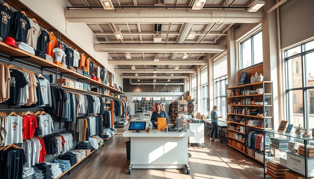 A well-lit, high-resolution image of a thriving print-on-demand storefront showcasing a diverse array of customizable products. The foreground features an array of apparel, accessories, and home decor items displayed on modern shelving units. The middle ground includes a minimalist, streamlined checkout counter with a touchscreen display. The background captures an airy, expansive workspace bustling with employees processing orders and fulfilling shipments. Warm, natural lighting filters through large windows, creating a welcoming, energetic atmosphere. The overall composition conveys the efficiency, creativity, and growth potential of a successful print-on-demand business.