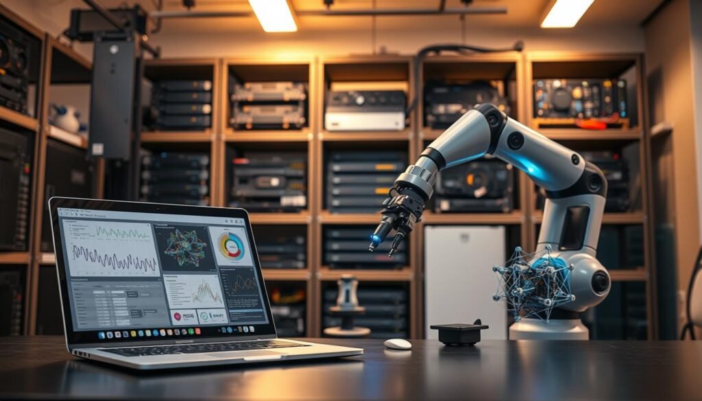 A well-lit, modern office setting showcasing an array of AI research tools. In the foreground, a sleek laptop displaying visualizations and data analytics dashboards. Beside it, a high-resolution monitor with a 3D model of a neural network architecture. In the middle ground, a robotic arm meticulously manipulating hardware components, its movements captured by high-speed cameras. In the background, shelves filled with cutting-edge hardware, including server racks, GPUs, and specialized AI accelerators. The lighting is warm and focused, creating a professional, technology-driven atmosphere. The overall scene conveys the power and potential of AI research tools to unlock new insights and drive innovation. A well-lit, modern office setting showcasing an array of AI research tools. In the foreground, a sleek laptop displaying visualizations and data analytics dashboards. Beside it, a high-resolution monitor with a 3D model of a neural network architecture. In the middle ground, a robotic arm meticulously manipulating hardware components, its movements captured by high-speed cameras. In the background, shelves filled with cutting-edge hardware, including server racks, GPUs, and specialized AI accelerators. The lighting is warm and focused, creating a professional, technology-driven atmosphere. The overall scene conveys the power and potential of AI research tools to unlock new insights and drive innovation.