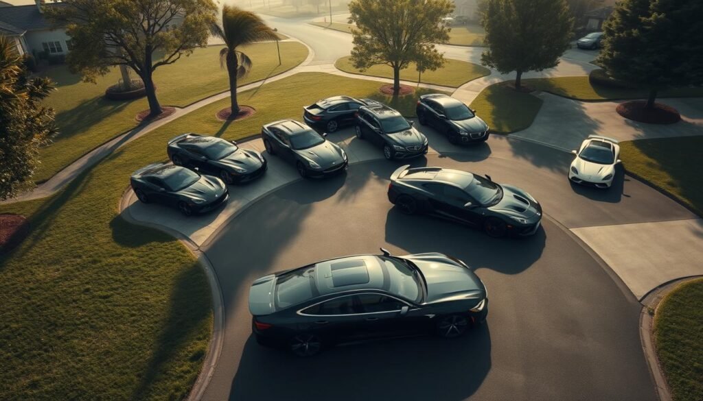 An aerial view of a winding suburban road, lined with sleek, shiny luxury cars parked in driveways. The vehicles cast long shadows, highlighting their imposing presence. In the foreground, a family sedan sits modestly, dwarfed by the towering SUVs and sports cars surrounding it. The background is a blend of manicured lawns, lush trees, and a hazy, overcast sky, conveying a sense of financial excess and ostentation. The lighting is soft and diffused, creating a somber, reflective mood, underscoring the financial burden and opportunity cost of indulging in expensive, rapidly depreciating vehicles.