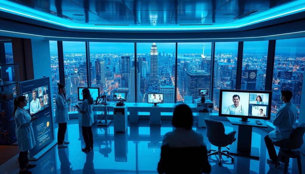 An expansive telehealth clinic with a sleek, modern interior. In the foreground, several healthcare professionals - a nurse, doctor, and therapist - engage with patients through holographic displays and virtual consultation stations. The middle ground showcases various telehealth technologies, from remote monitoring devices to interactive diagnostic tools. In the background, a large window offers a panoramic view of a bustling city skyline, hinting at the global reach and accessibility of these telehealth services. The scene is bathed in a cool, blue-tinted lighting that conveys the cutting-edge, technology-driven nature of this emerging field. An expansive telehealth clinic with a sleek, modern interior. In the foreground, several healthcare professionals - a nurse, doctor, and therapist - engage with patients through holographic displays and virtual consultation stations. The middle ground showcases various telehealth technologies, from remote monitoring devices to interactive diagnostic tools. In the background, a large window offers a panoramic view of a bustling city skyline, hinting at the global reach and accessibility of these telehealth services. The scene is bathed in a cool, blue-tinted lighting that conveys the cutting-edge, technology-driven nature of this emerging field.
