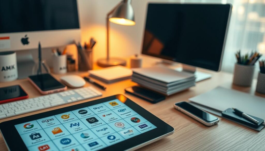 An office workspace with a desktop computer, smartphone, and various office supplies arranged neatly. In the foreground, a tablet displays a grid of various email automation software logos and icons, showcasing different options. The middle ground features a stack of documents and a stylish desk lamp, creating a professional and organized atmosphere. The background is softly blurred, emphasizing the focus on the email automation software choices. The lighting is natural, creating a warm and inviting ambiance, as if captured during the golden hour. The camera angle is slightly elevated, giving a birds-eye view of the scene, conveying a sense of curation and thoughtful composition. An office workspace with a desktop computer, smartphone, and various office supplies arranged neatly. In the foreground, a tablet displays a grid of various email automation software logos and icons, showcasing different options. The middle ground features a stack of documents and a stylish desk lamp, creating a professional and organized atmosphere. The background is softly blurred, emphasizing the focus on the email automation software choices. The lighting is natural, creating a warm and inviting ambiance, as if captured during the golden hour. The camera angle is slightly elevated, giving a birds-eye view of the scene, conveying a sense of curation and thoughtful composition.