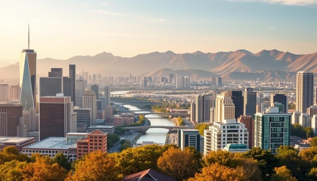Panoramic view of a modern city skyline, with various passive income streams represented as distinct elements in the foreground. A diverse array of digital and physical assets - from real estate investments to online businesses and side hustles - arranged artfully to convey the concept of diversified wealth-building. Soft, warm lighting illuminates the scene, creating a sense of tranquility and financial stability. The middle ground features a river or canal, symbolizing the flow of passive income, while the background depicts a picturesque mountainous landscape, suggesting the long-term growth and sustainability of these revenue sources. A carefully curated composition that visually encapsulates the idea of "Building Multiple Passive Income Streams".