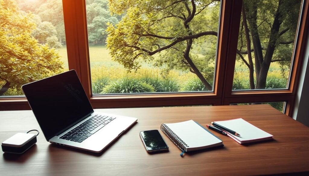Prompt A serene workspace with a laptop, smartphone, and notebook arranged on a wooden desk. The desk is placed against a backdrop of a large window overlooking a lush, verdant landscape. Warm, natural lighting fills the space, creating a calming atmosphere. The overall scene conveys a sense of remote collaboration, with the tools and environment suggesting a distributed, asynchronous team dynamic. The image should have a soft, slightly muted color palette to reinforce the tranquil, focused mood.